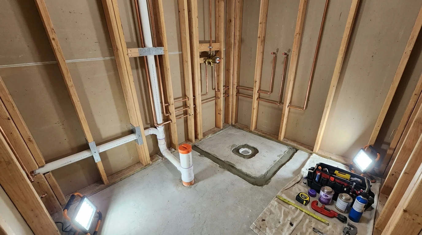 Bathroom rough-in plumbing during remodel by Johns Plumbing LLC in Big Stone Gap